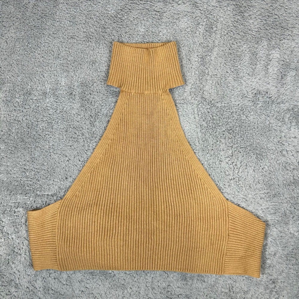 House of Harlow 1960 Womens Tan Ribbed Turtleneck Halter Tie Back Top Small